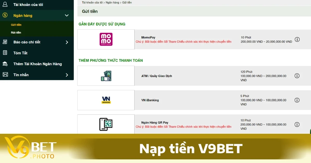 Cách Nạp Tiền V9BET: Hướng Dẫn Nhanh Chóng Và An Toàn 1 Các phương thức nạp tiền V9BET rất đa dạng